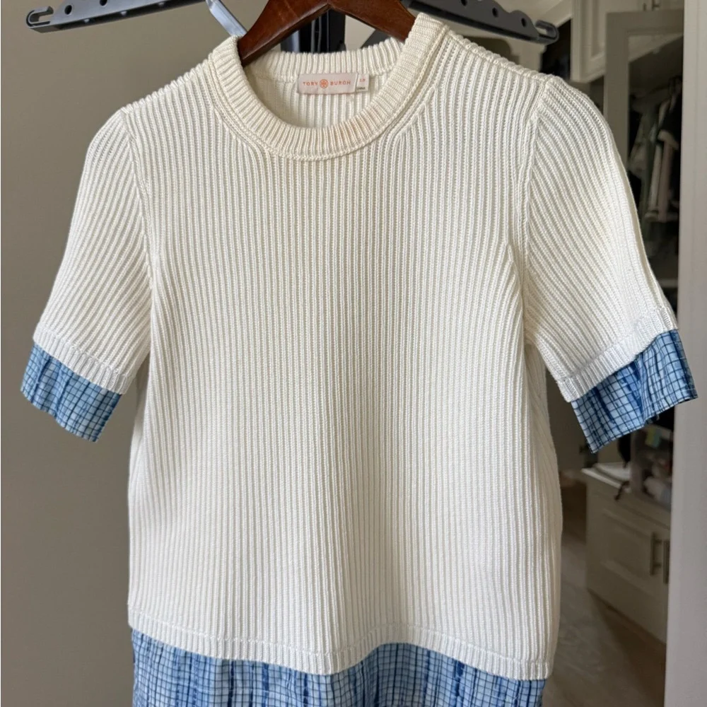 Tory Burch White and Blue Short Sleeve Tee